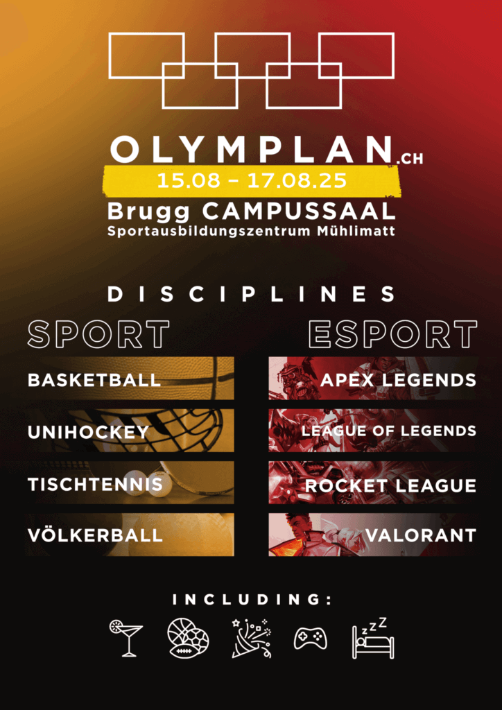 Kommt vom 15.08. bis 17.08.25 zur OLYMPLAN E+Sport LAN-Party auf dem CAMPUSSAAL Brugg, mit Sportarten wie Basketball und E-Sport wie Apex Legends. Genießt eine ausgelassene Atmosphäre mit Grill, Getränken, Musik und DJ!.