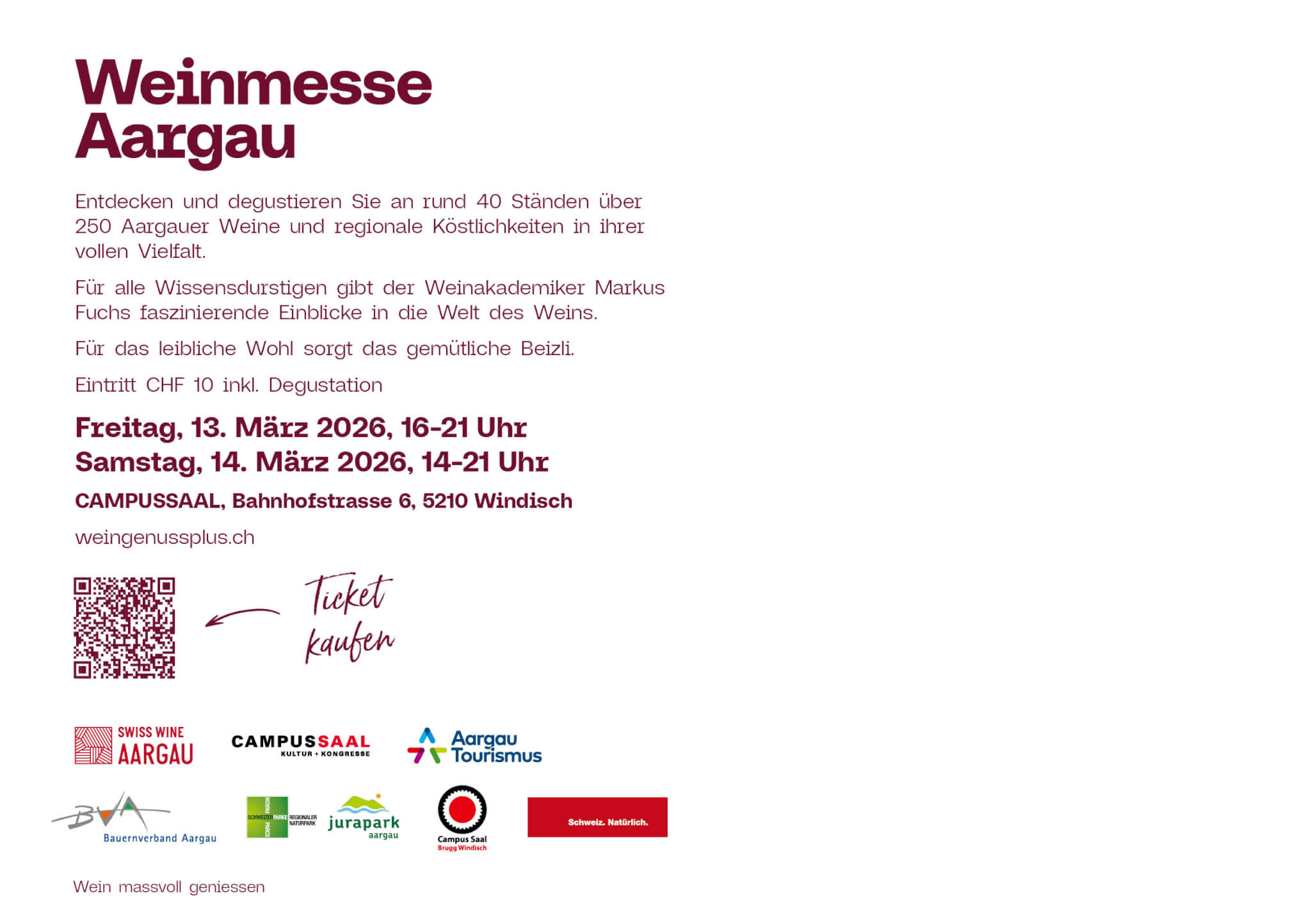 Veranstaltungsflyer für die Weinmesse Aargau mit den WeinGenussPlus-Highlights, mit Datum, Ort, Ticketpreis und Aktivitäten wie Weindegustationen und Fachvorträgen sowie Logos der Trägerorganisationen.